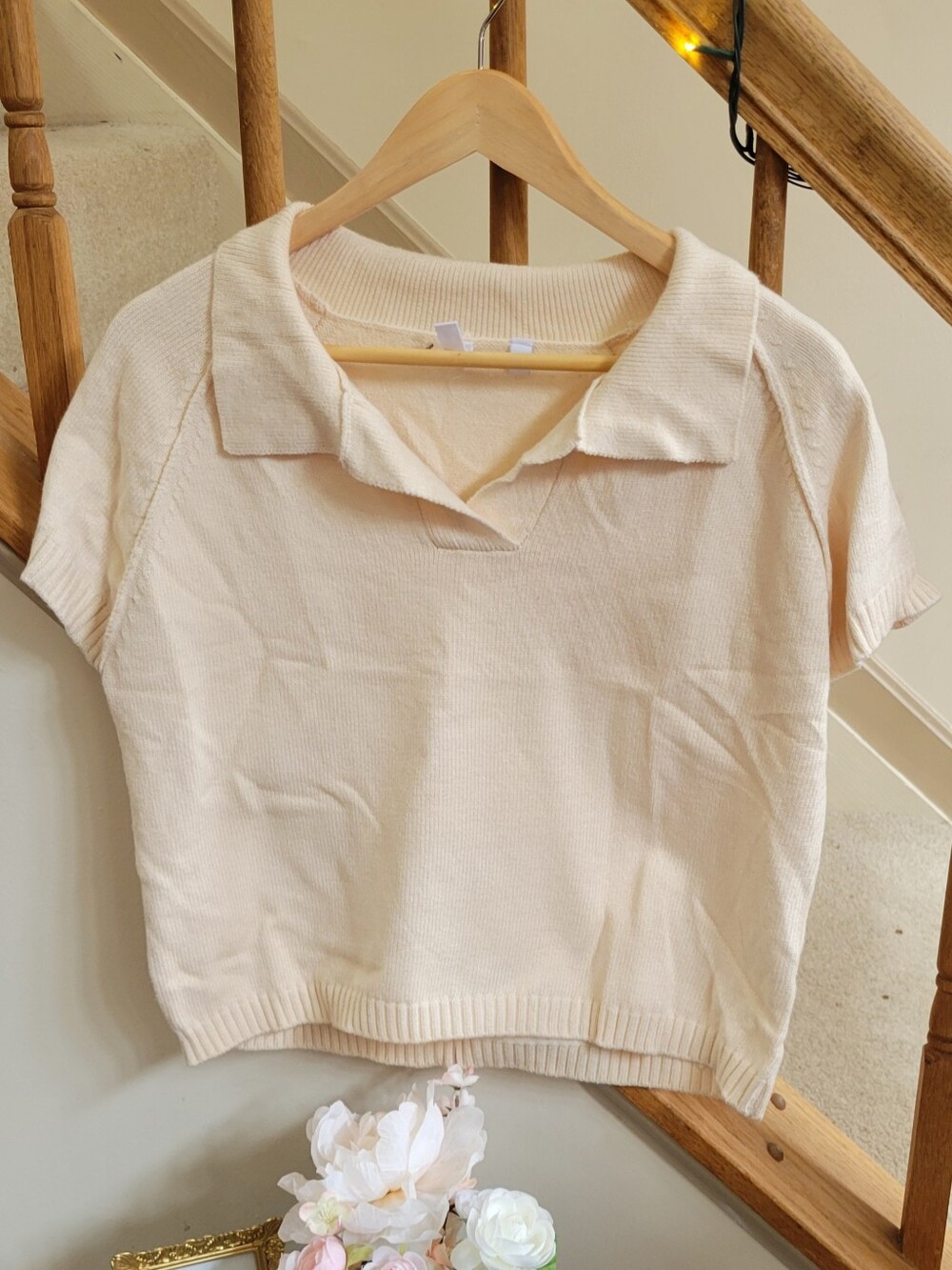 Short Sleeved V Neck Collared Sweater